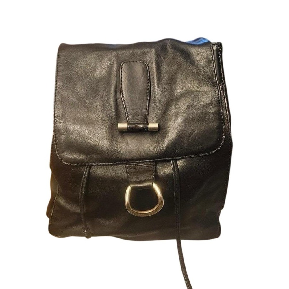 Kenneth Cole Black Genuine Leather Drawstring Flap Backpack Adjustable Straps